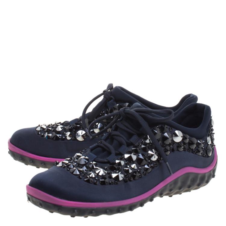Pre Owned Miu Miu Blue Embellished Satin Astro Sneakers Size 38