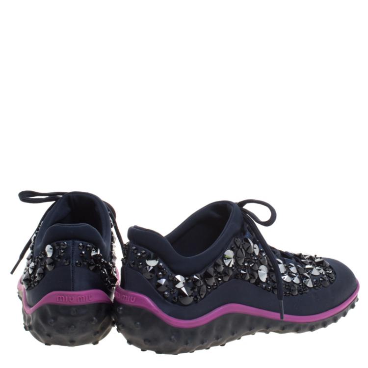 Pre Owned Miu Miu Blue Embellished Satin Astro Sneakers Size 38
