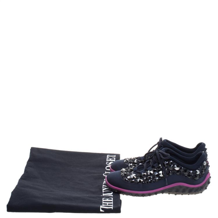 Pre Owned Miu Miu Blue Embellished Satin Astro Sneakers Size 38
