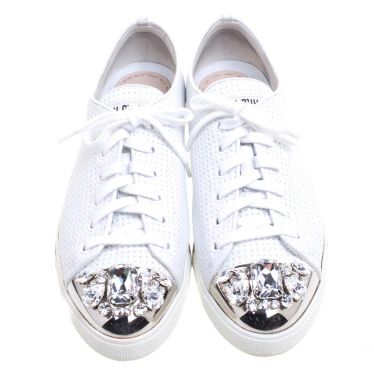 Pre Owned Miu Miu White Perforated Leather Crystal Embellished Cap Toe Sneakers Size 39