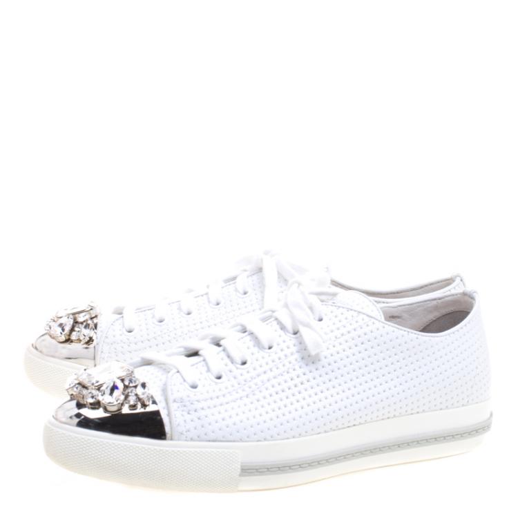 Pre Owned Miu Miu White Perforated Leather Crystal Embellished Cap Toe Sneakers Size 39