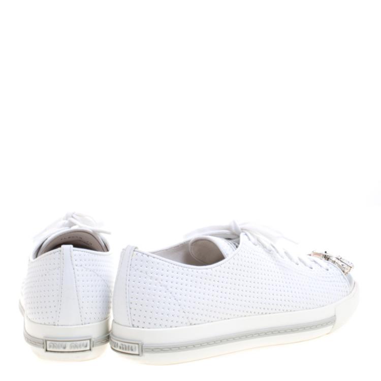 Pre Owned Miu Miu White Perforated Leather Crystal Embellished Cap Toe Sneakers Size 39