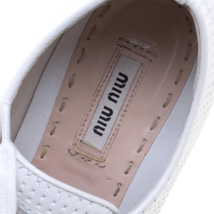 Pre Owned Miu Miu White Perforated Leather Crystal Embellished Cap Toe Sneakers Size 39