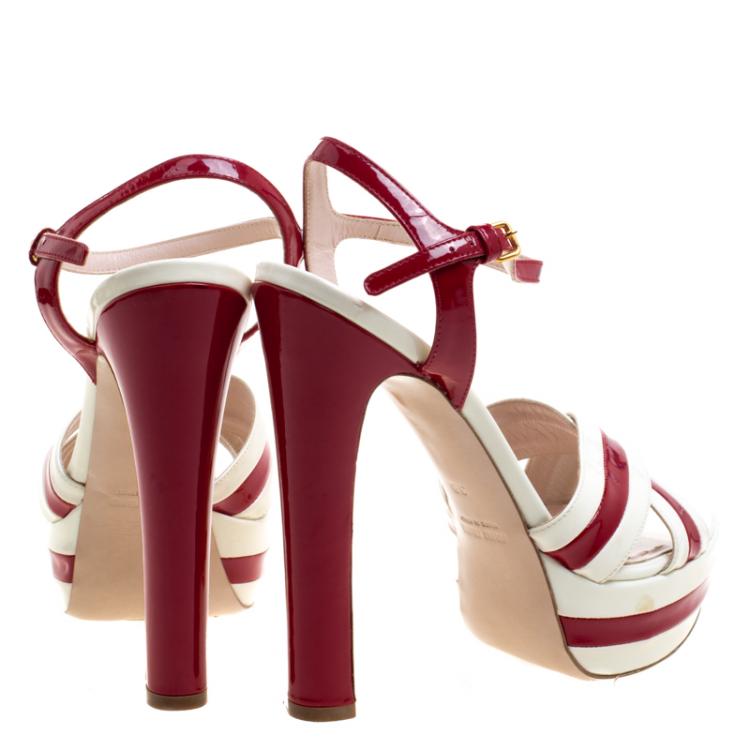 Pre Owned Miu Miu Two Tone Patent Leather Platform Cross  Strap Sandals Size 37