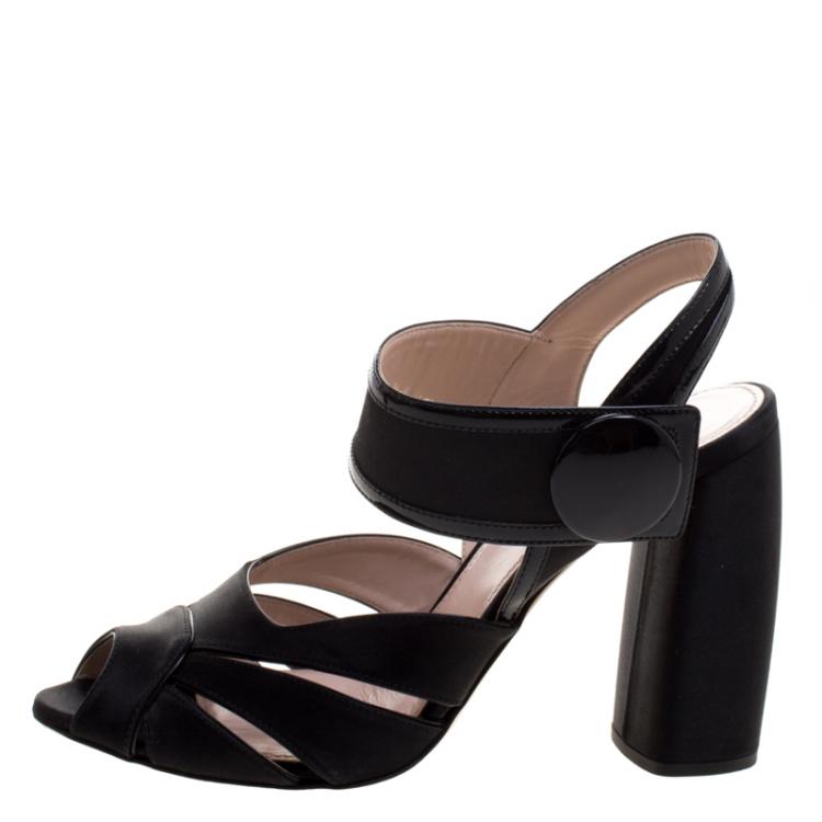 Pre Owned Miu Miu Black Satin Ankle Strap Block Heel Sandals Size 38.5