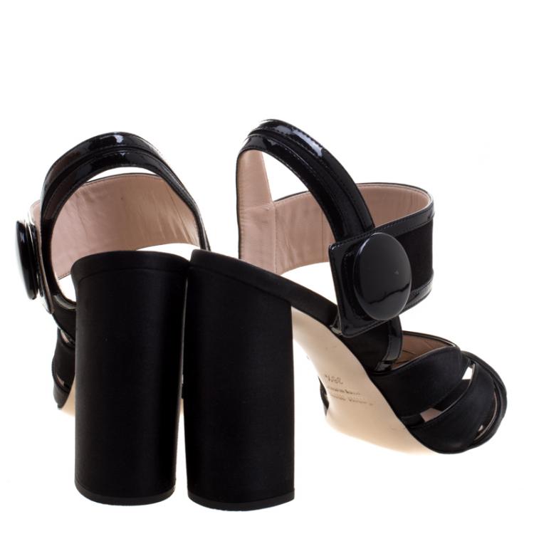 Pre Owned Miu Miu Black Satin Ankle Strap Block Heel Sandals Size 38.5