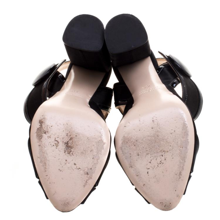Pre Owned Miu Miu Black Satin Ankle Strap Block Heel Sandals Size 38.5