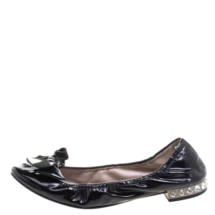 Pre Owned Miu Miu Black Patent Leather Crystal Embellished Ballet Flats Size 38