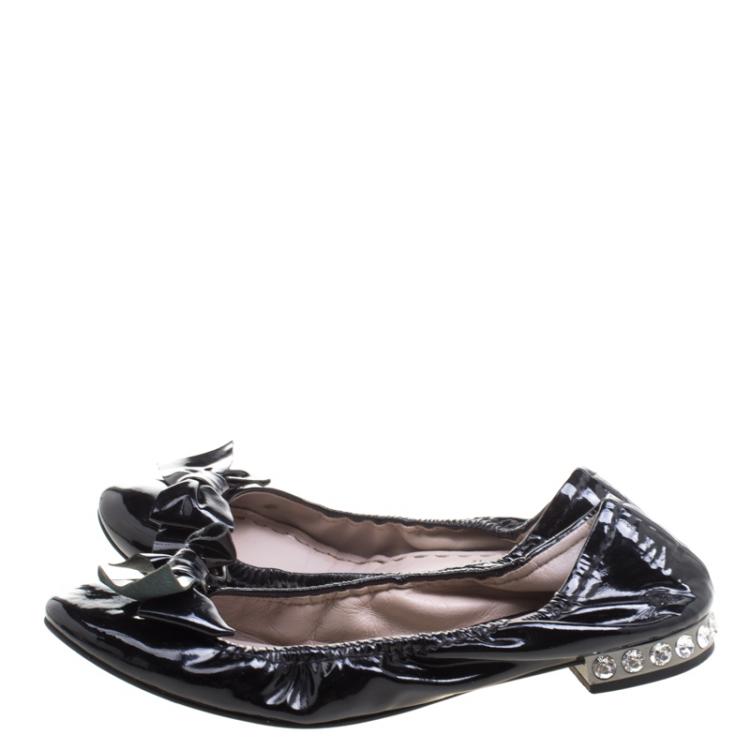 Pre Owned Miu Miu Black Patent Leather Crystal Embellished Ballet Flats Size 38
