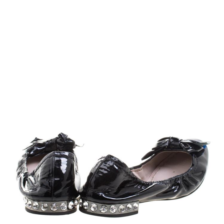 Pre Owned Miu Miu Black Patent Leather Crystal Embellished Ballet Flats Size 38