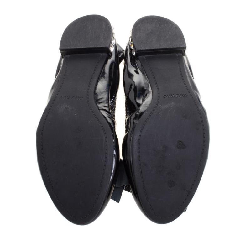 Pre Owned Miu Miu Black Patent Leather Crystal Embellished Ballet Flats Size 38