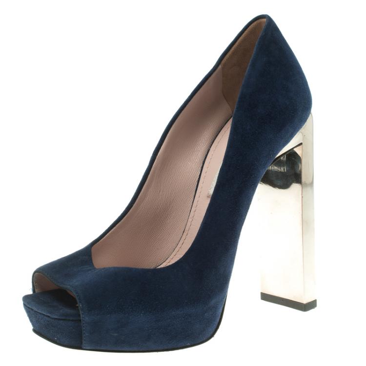 Pre Owned Miu Miu Blue Suede Crystal Heel Peep Toe Platform Pumps Size 36
