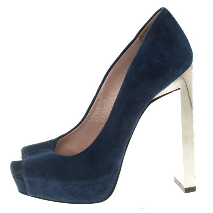 Pre Owned Miu Miu Blue Suede Crystal Heel Peep Toe Platform Pumps Size 36