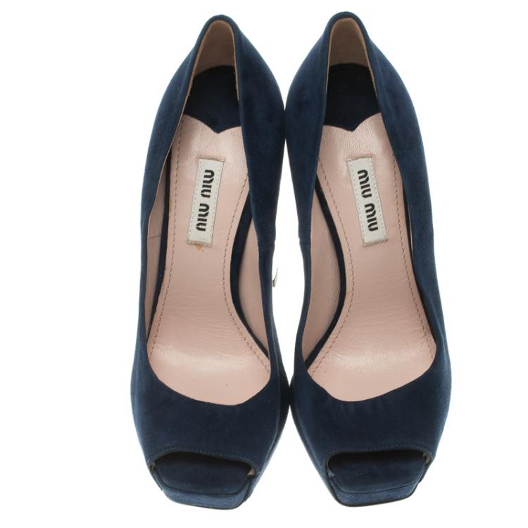 Pre Owned Miu Miu Blue Suede Crystal Heel Peep Toe Platform Pumps Size 36