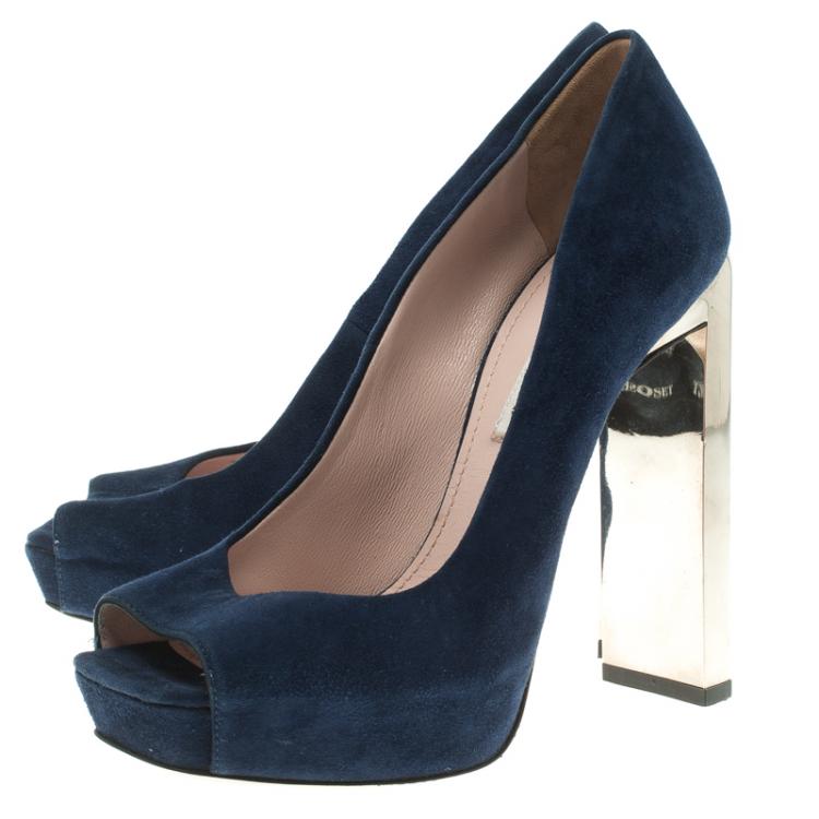 Pre Owned Miu Miu Blue Suede Crystal Heel Peep Toe Platform Pumps Size 36