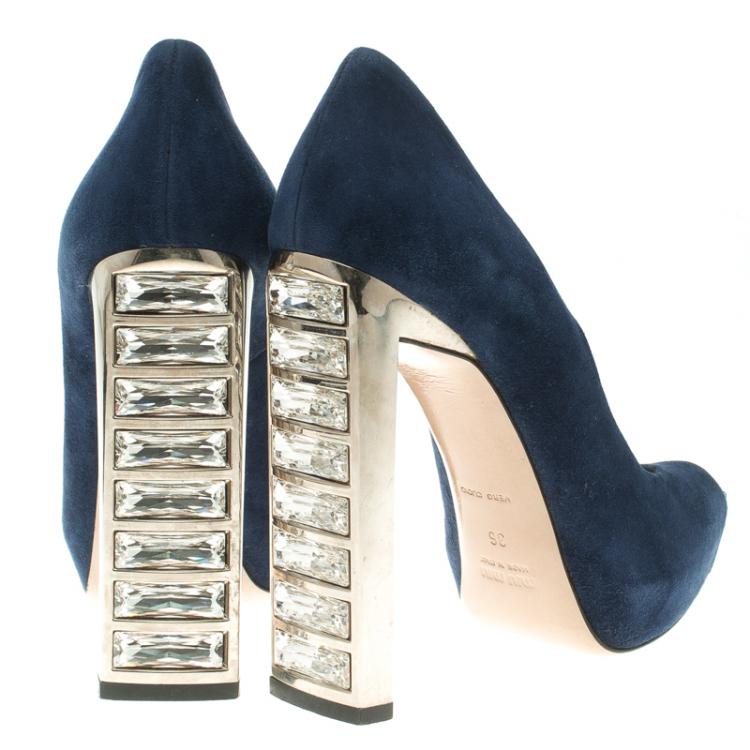 Pre Owned Miu Miu Blue Suede Crystal Heel Peep Toe Platform Pumps Size 36