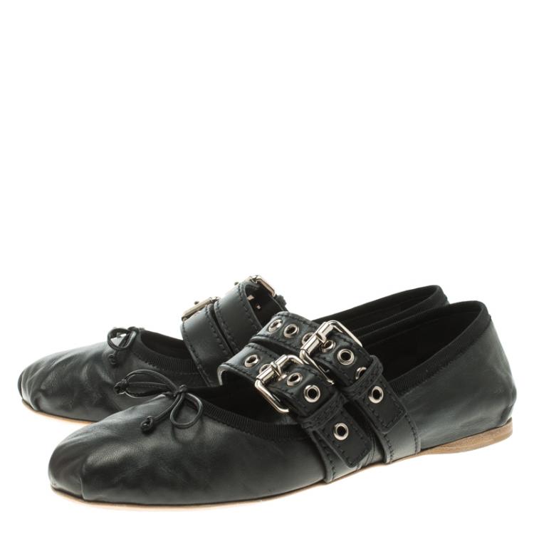 Pre Owned Miu Miu Black Leather Ankle Wrap Ballet Flats Size 39