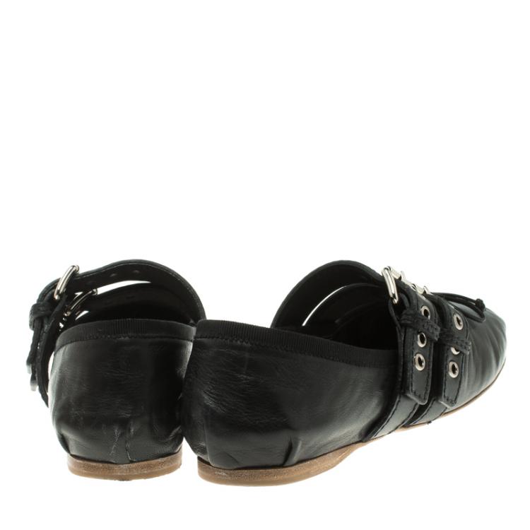 Pre Owned Miu Miu Black Leather Ankle Wrap Ballet Flats Size 39