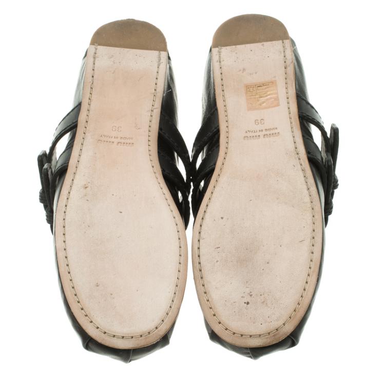 Pre Owned Miu Miu Black Leather Ankle Wrap Ballet Flats Size 39