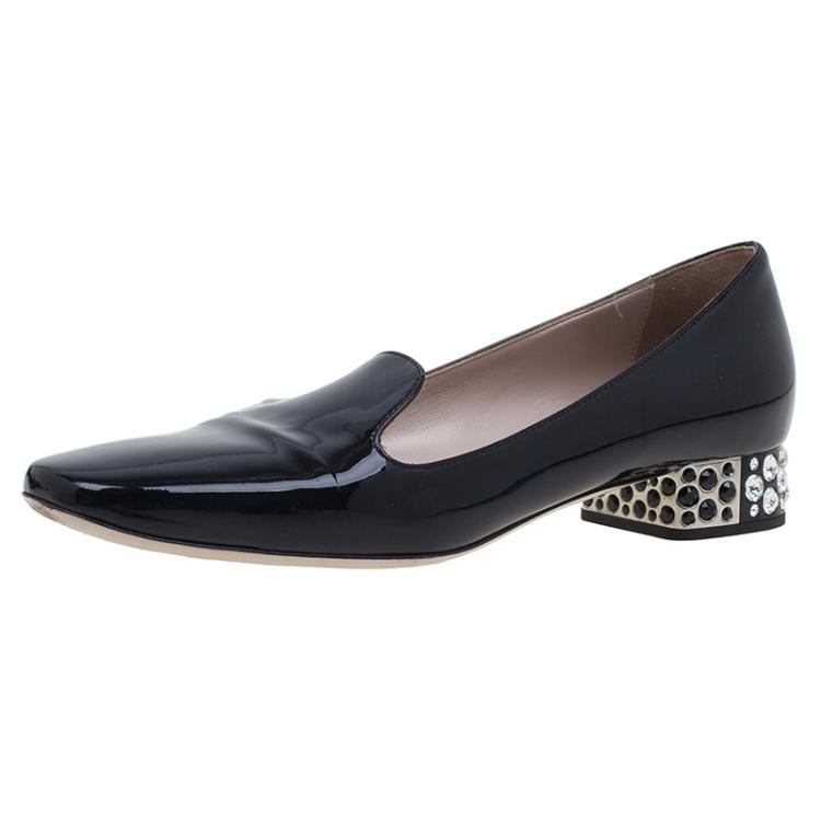 Pre Owned Miu Miu Black Patent Crystal Heel Smoking Slippers Size 37.5 