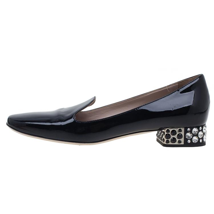 Pre Owned Miu Miu Black Patent Crystal Heel Smoking Slippers Size 37.5 