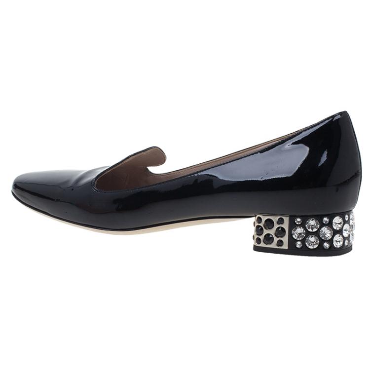 Pre Owned Miu Miu Black Patent Crystal Heel Smoking Slippers Size 37.5 