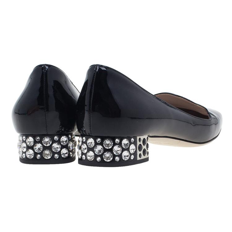 Pre Owned Miu Miu Black Patent Crystal Heel Smoking Slippers Size 37.5 
