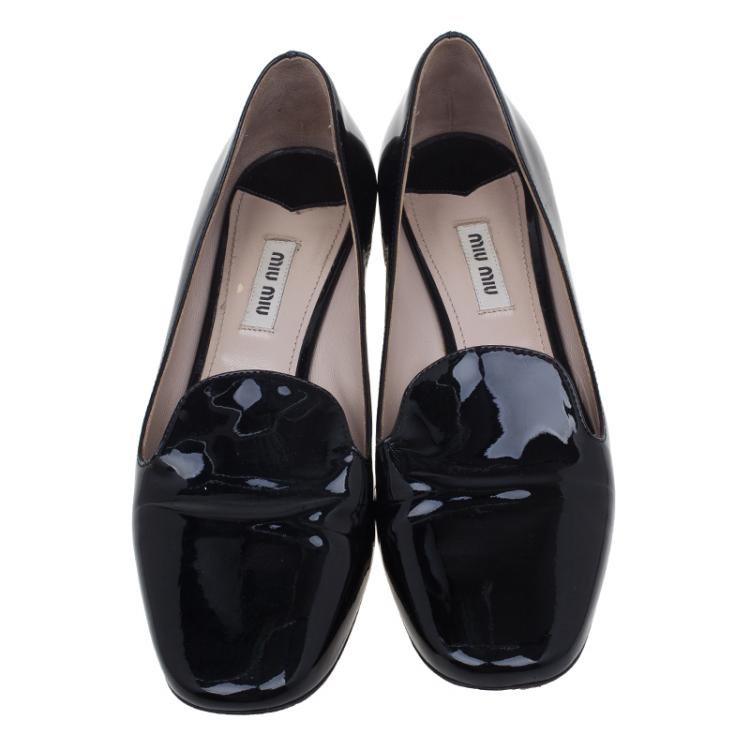 Pre Owned Miu Miu Black Patent Crystal Heel Smoking Slippers Size 37.5 