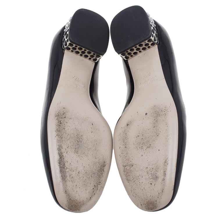 Pre Owned Miu Miu Black Patent Crystal Heel Smoking Slippers Size 37.5 