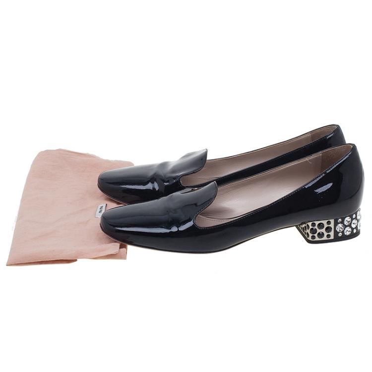 Pre Owned Miu Miu Black Patent Crystal Heel Smoking Slippers Size 37.5 