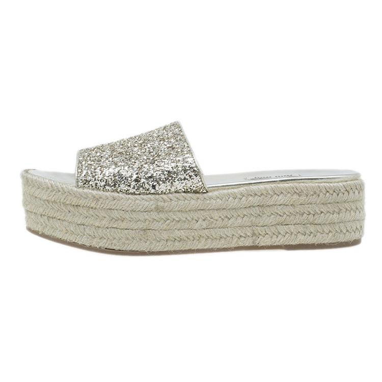 Pre Owned Miu Miu Gold Glitter Espadrille Slides Size 40 
