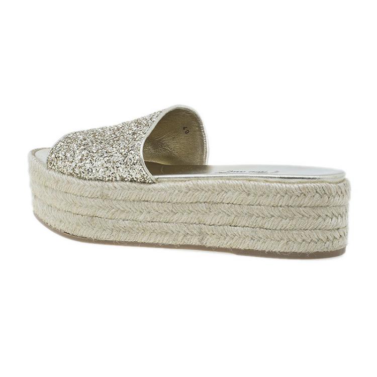 Pre Owned Miu Miu Gold Glitter Espadrille Slides Size 40 