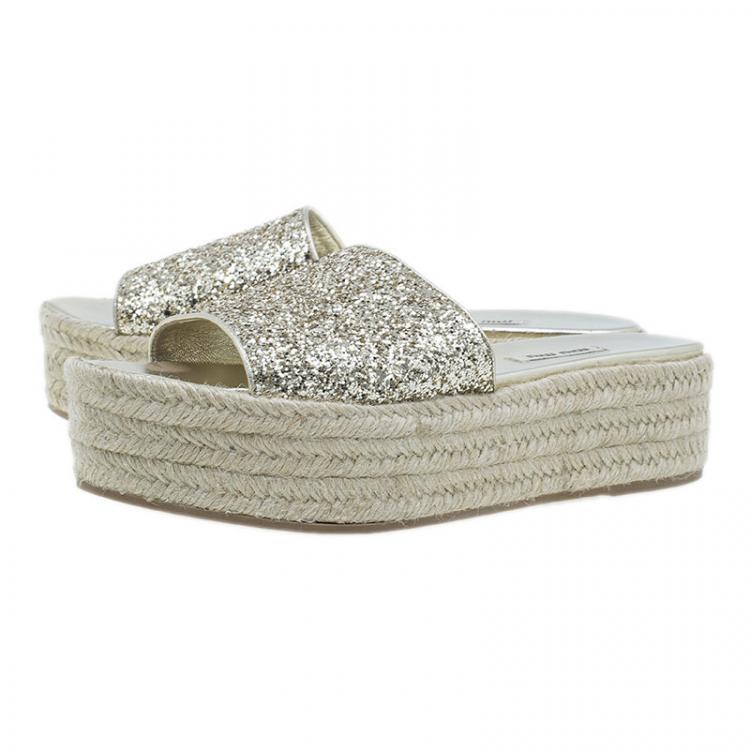 Pre Owned Miu Miu Gold Glitter Espadrille Slides Size 40 