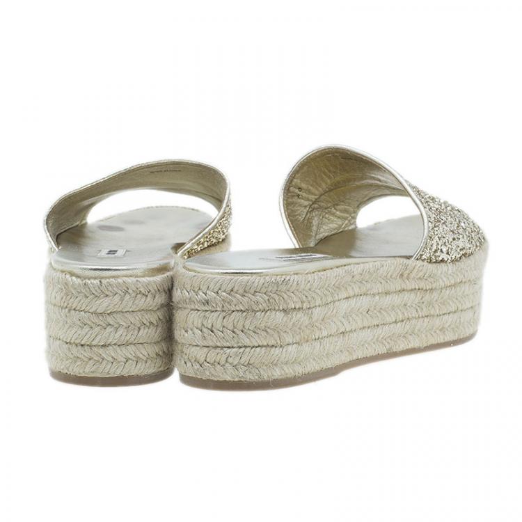 Pre Owned Miu Miu Gold Glitter Espadrille Slides Size 40 