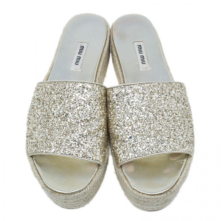 Pre Owned Miu Miu Gold Glitter Espadrille Slides Size 40 