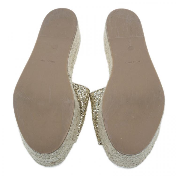Pre Owned Miu Miu Gold Glitter Espadrille Slides Size 40 
