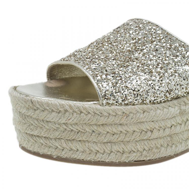 Pre Owned Miu Miu Gold Glitter Espadrille Slides Size 40 