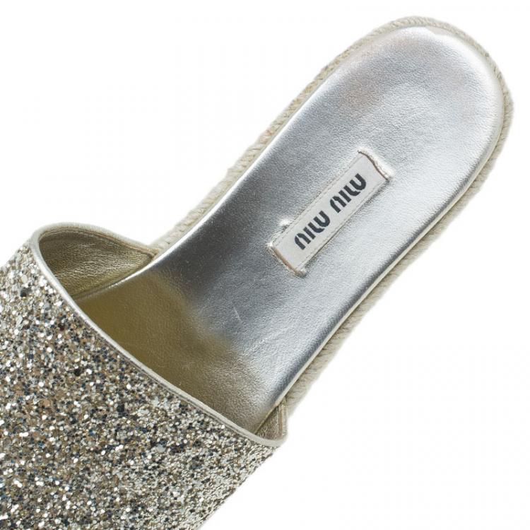 Pre Owned Miu Miu Gold Glitter Espadrille Slides Size 40 