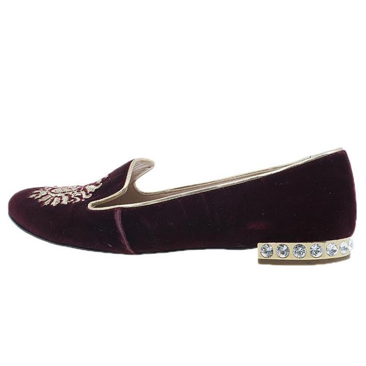 Pre Owned Miu Miu Burgundy Velvet Crest Embellished Smoking Slippers Size 38
