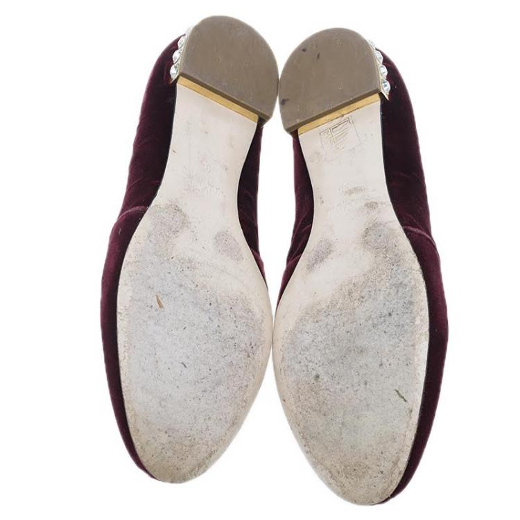 Pre Owned Miu Miu Burgundy Velvet Crest Embellished Smoking Slippers Size 38