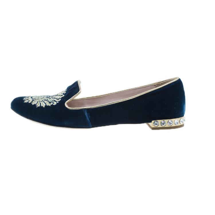 Pre Owned Miu Miu Navy Blue Velvet Crest Embellished Smoking Slippers Size 38