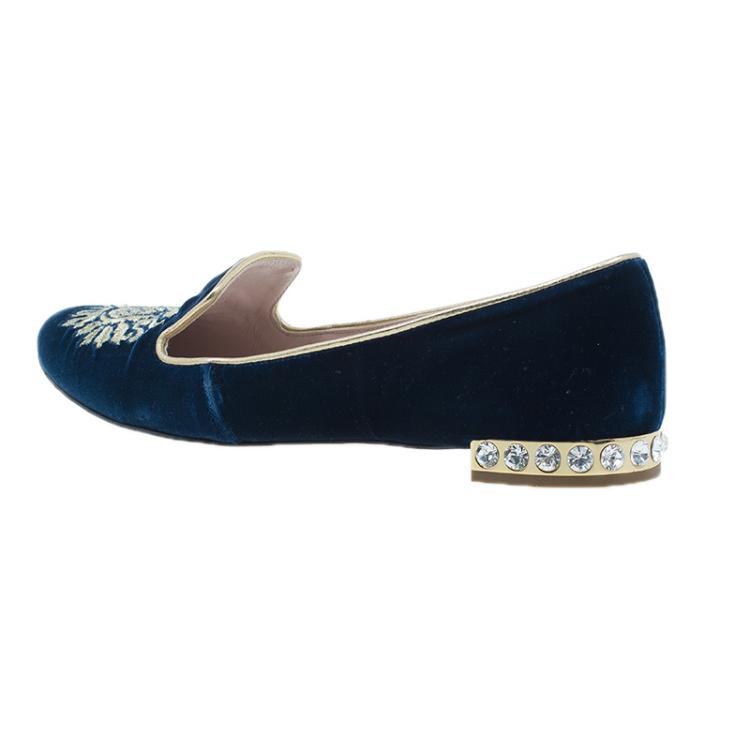 Pre Owned Miu Miu Navy Blue Velvet Crest Embellished Smoking Slippers Size 38