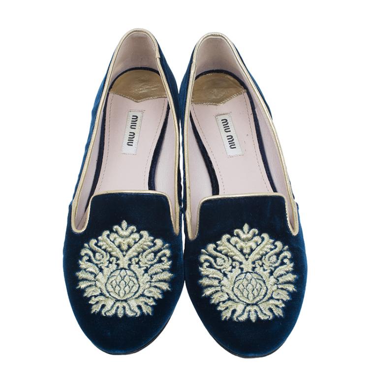 Pre Owned Miu Miu Navy Blue Velvet Crest Embellished Smoking Slippers Size 38