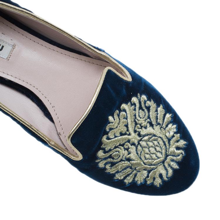 Pre Owned Miu Miu Navy Blue Velvet Crest Embellished Smoking Slippers Size 38