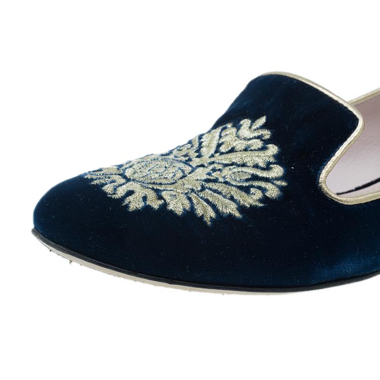 Pre Owned Miu Miu Navy Blue Velvet Crest Embellished Smoking Slippers Size 38