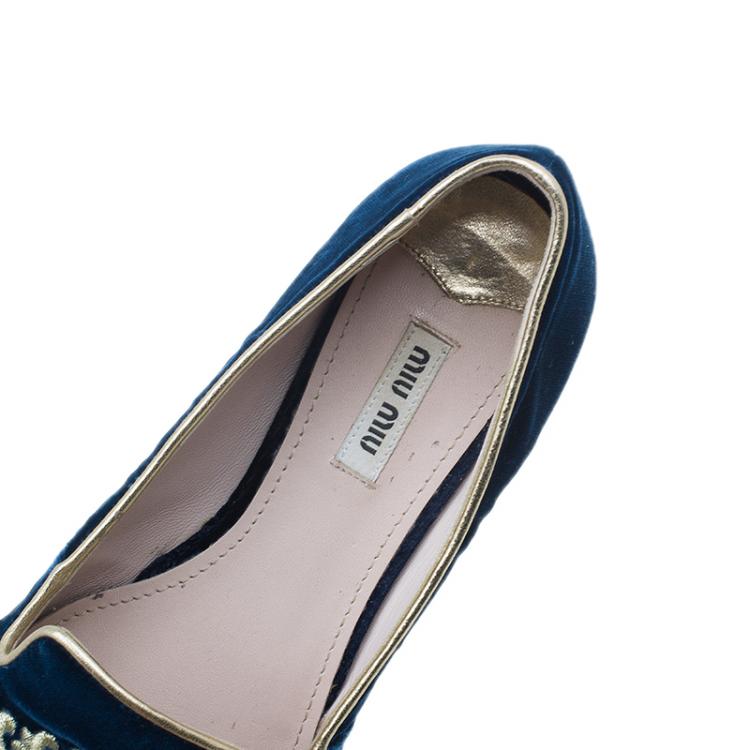Pre Owned Miu Miu Navy Blue Velvet Crest Embellished Smoking Slippers Size 38