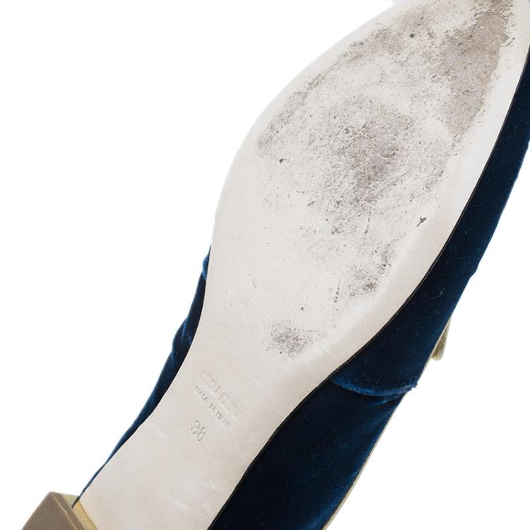 Pre Owned Miu Miu Navy Blue Velvet Crest Embellished Smoking Slippers Size 38