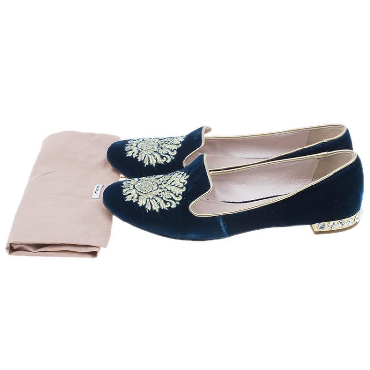 Pre Owned Miu Miu Navy Blue Velvet Crest Embellished Smoking Slippers Size 38