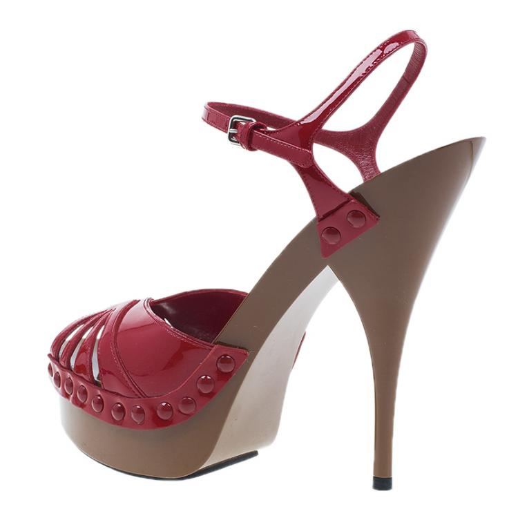 Pre Owned Miu Miu Red Patent Ankle Strap Platform Sandals Size 39