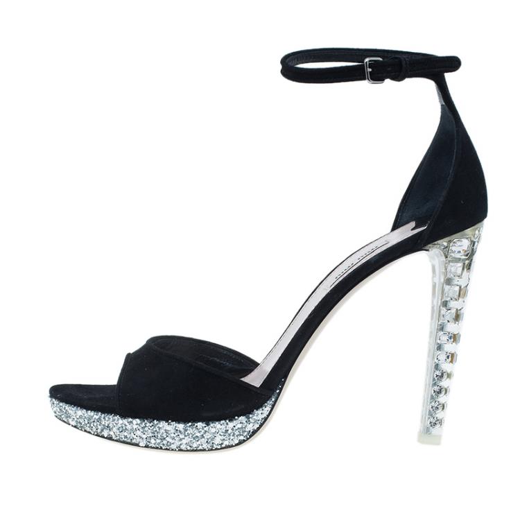 Pre Owned Miu Miu Black Suede Crystal Heel Ankle Strap Sandals Size 41